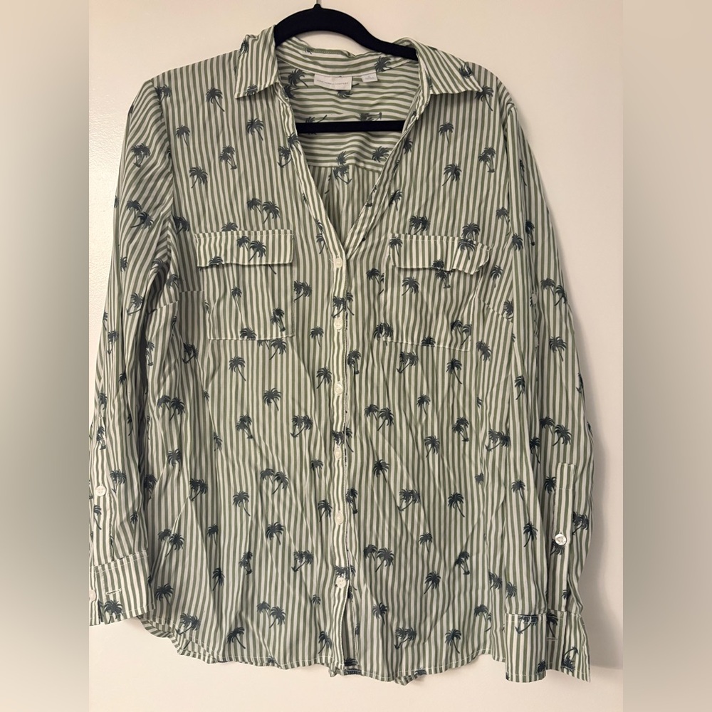 New York & Company Green Striped Palm Tree Shirt